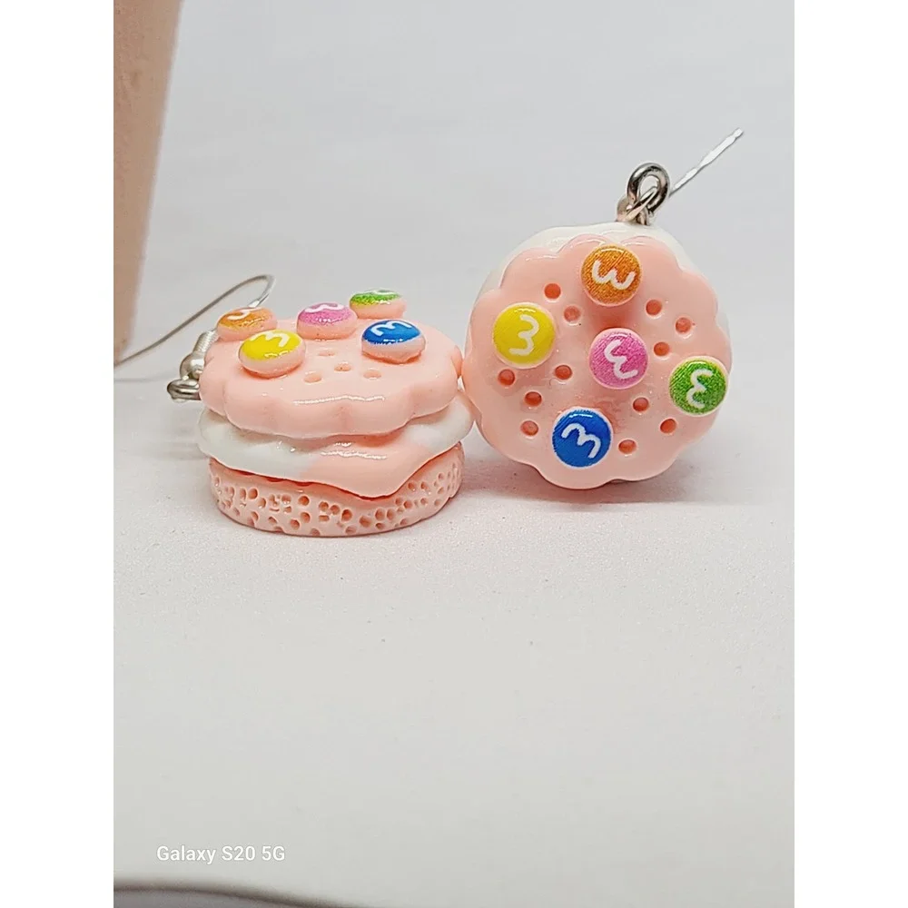 Handmade‎ Pink Sandwich Cookie Drop Earrings Food Jewelry Candy Accents